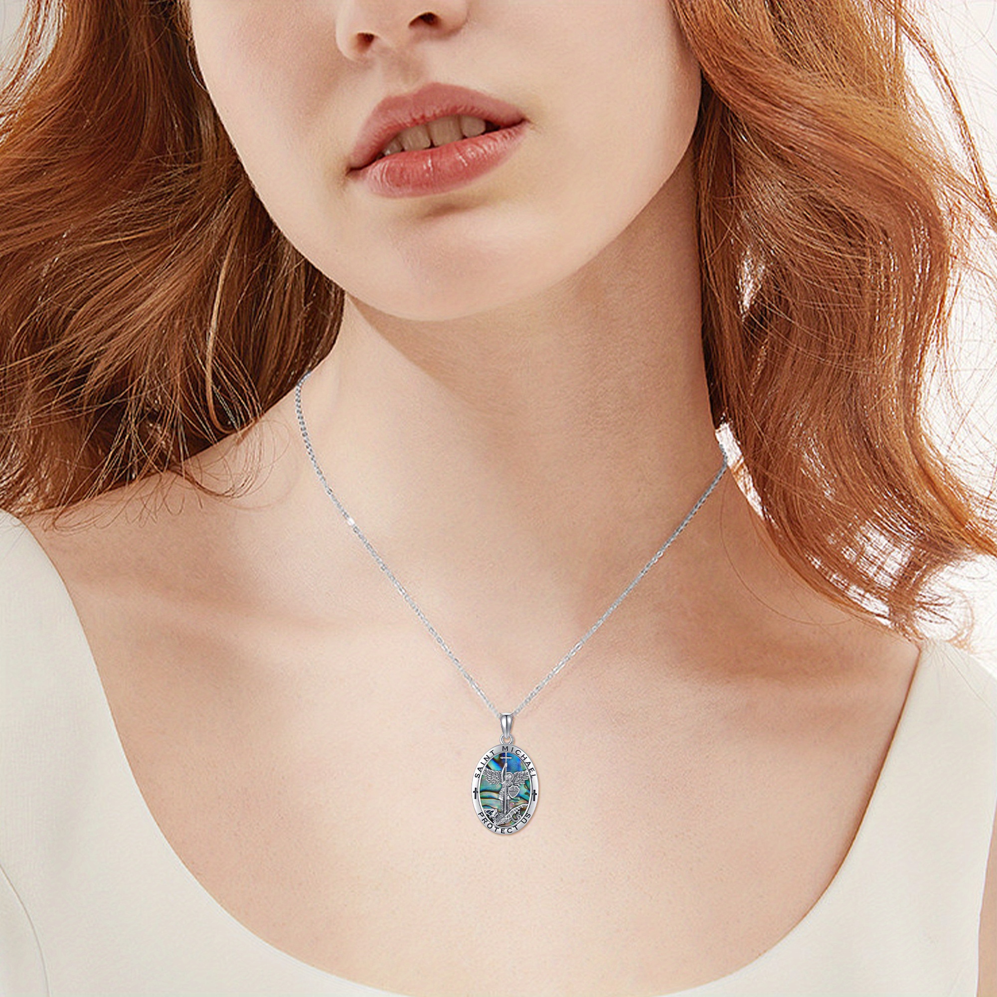 S925 Sterling Silver St Michael Necklace with Synthetic Abalone Shell